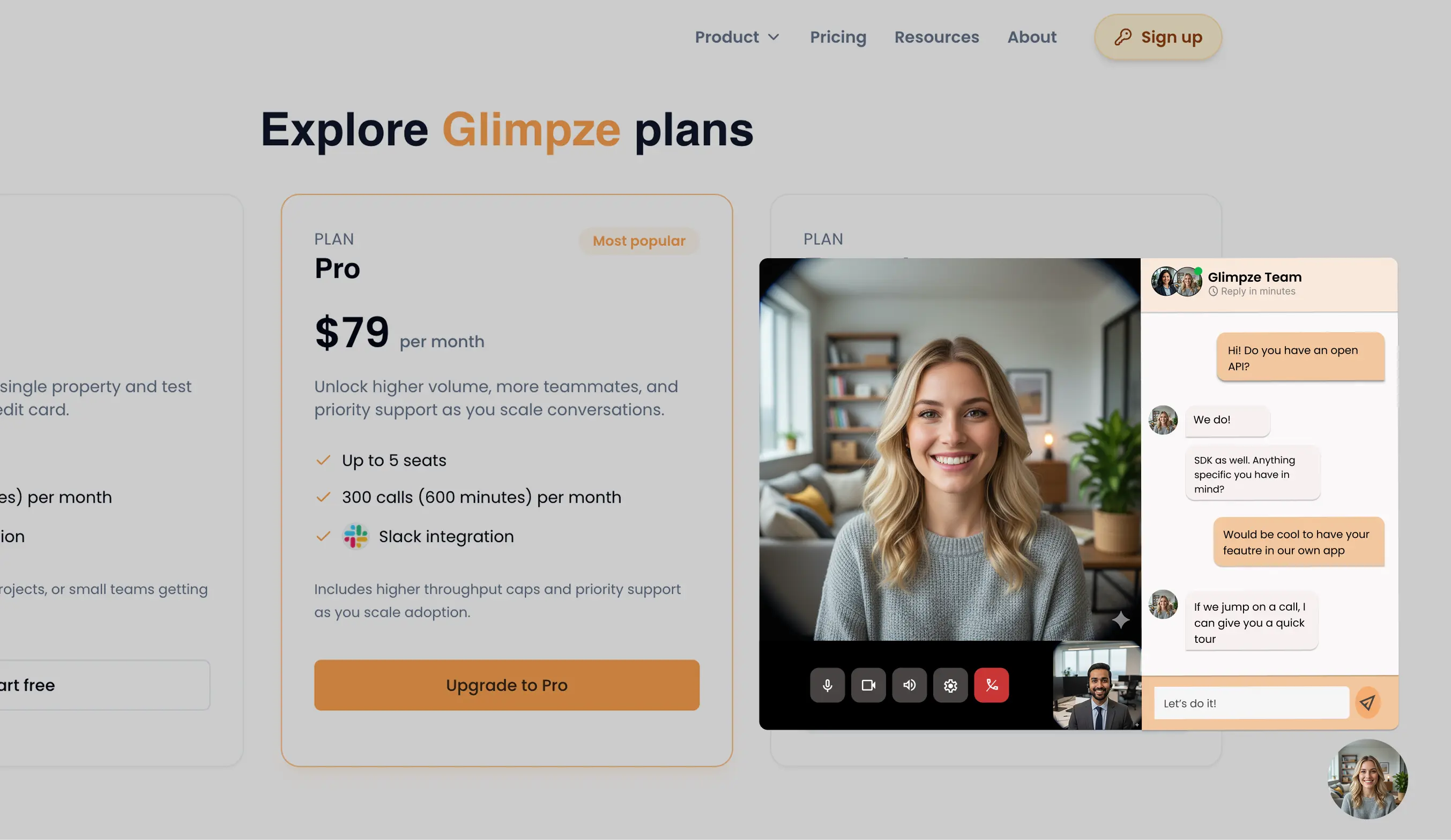 Fullscreen Glimpze live call interface with chat