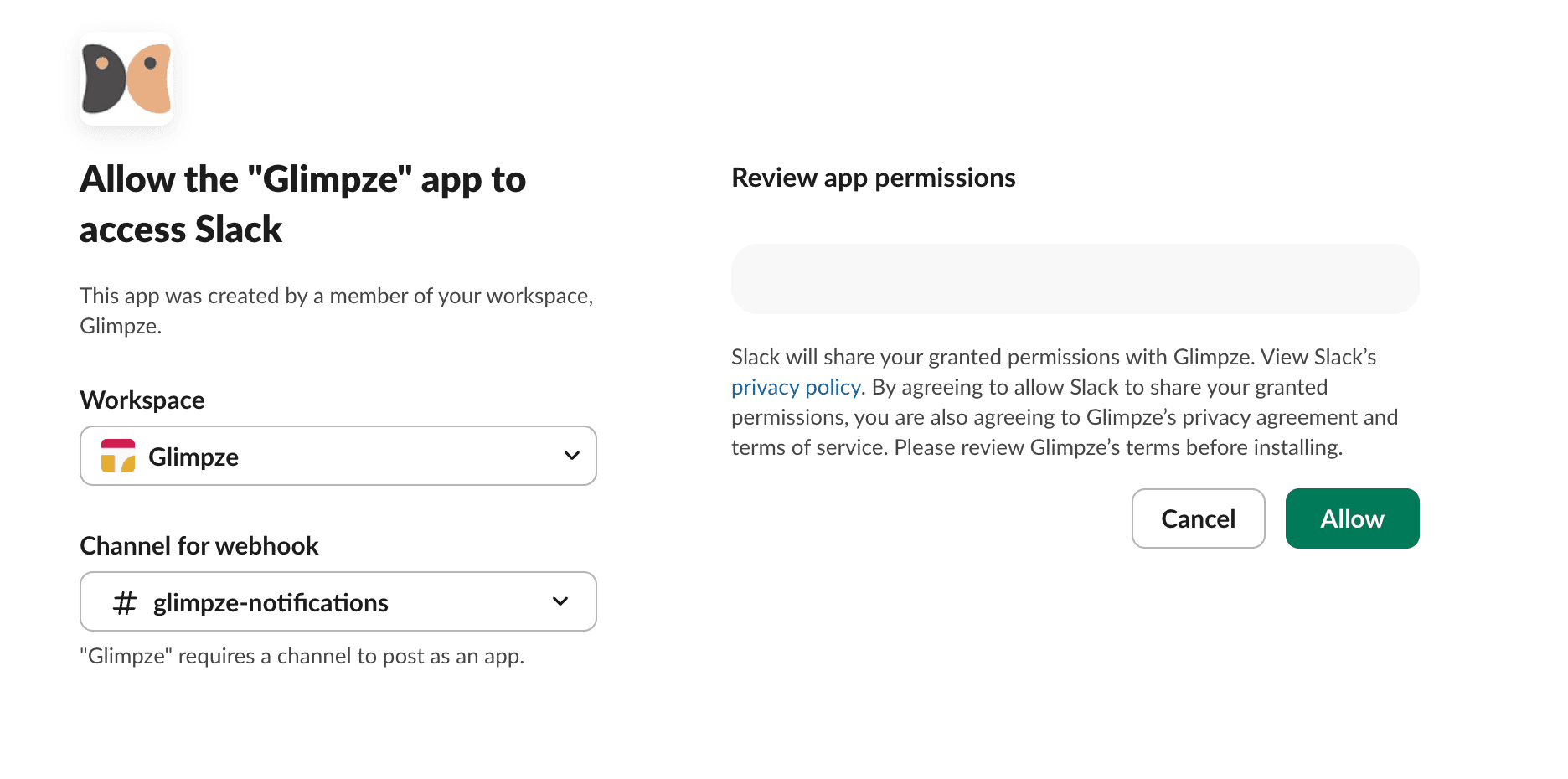 Slack permissions screen to allow the Glimpze app