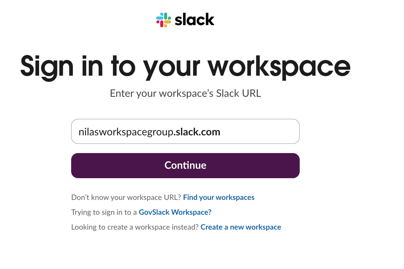 Slack workspace sign-in page
