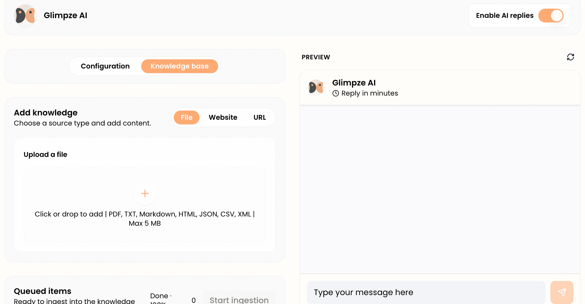 AI chat preview showing answers grounded in uploaded content