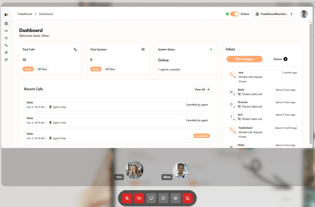 Glimpze live call showing chat, video, and screen share