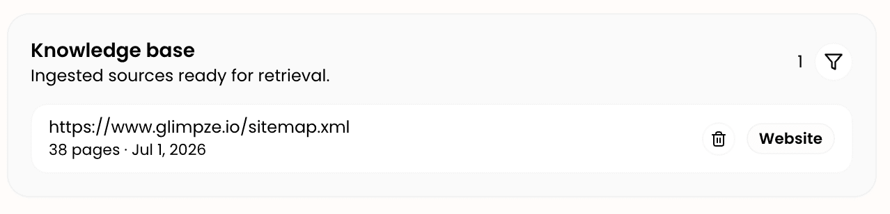 The ingested knowledge base list with a filter control