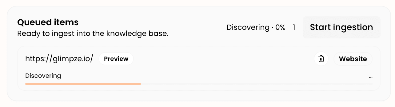A queued source ready for ingestion with the Start ingestion button