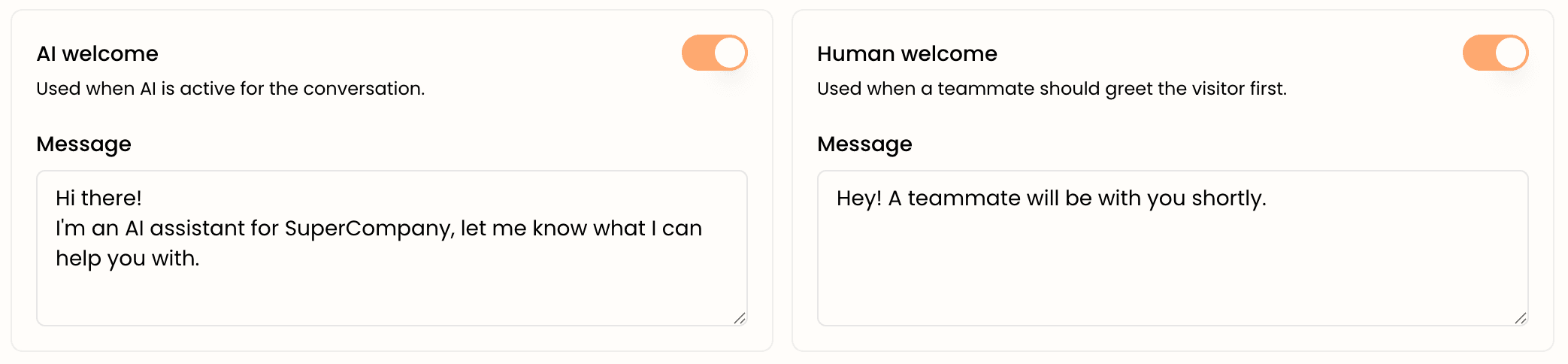 The AI welcome and Human welcome cards