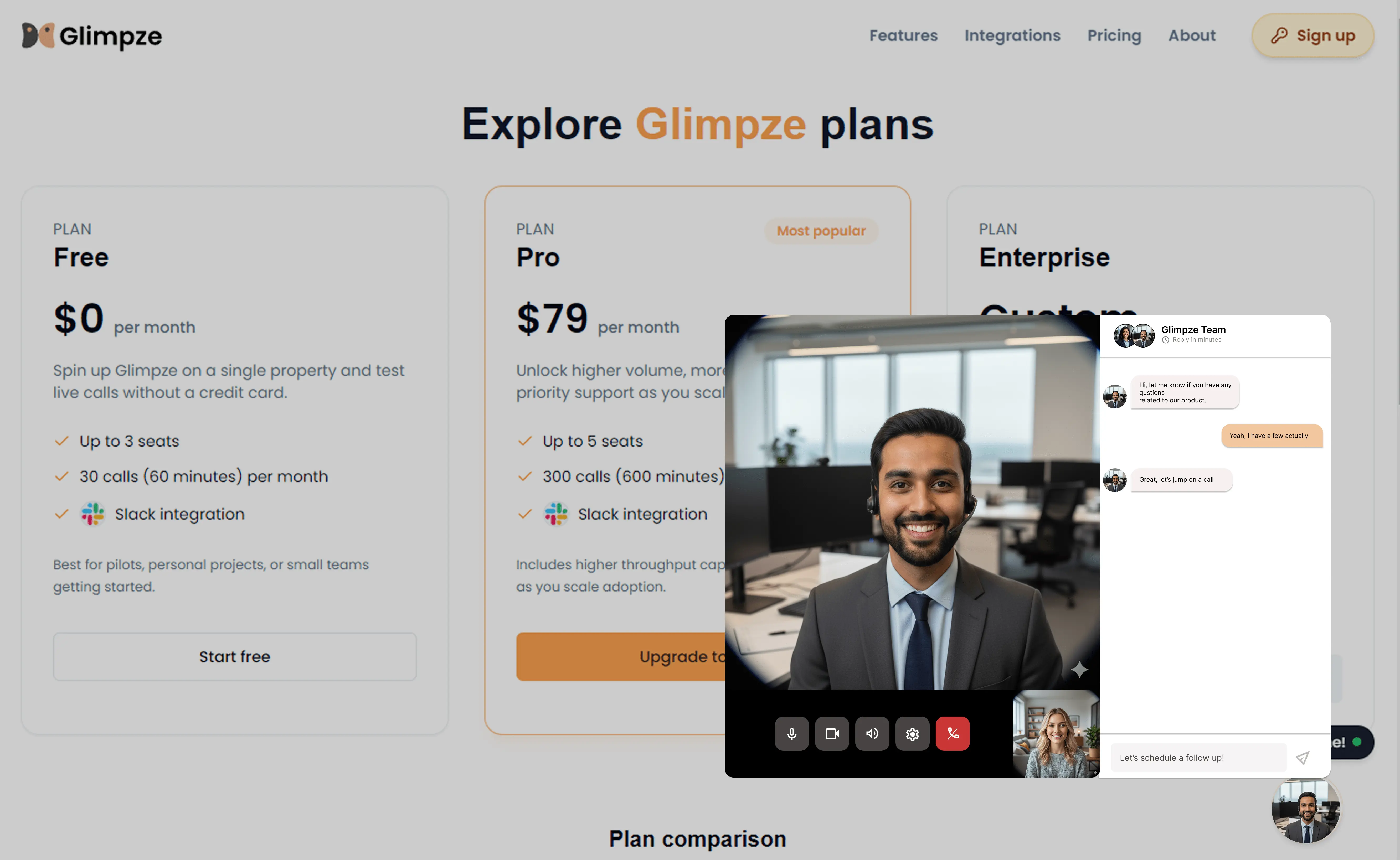 Fullscreen Glimpze live call interface with chat
