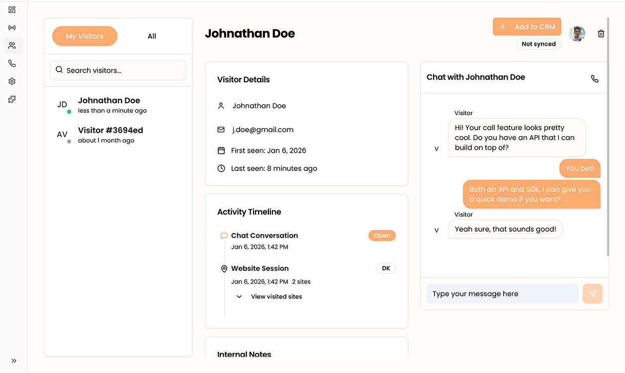 Glimpze mini CRM showing visitor timeline and chat details