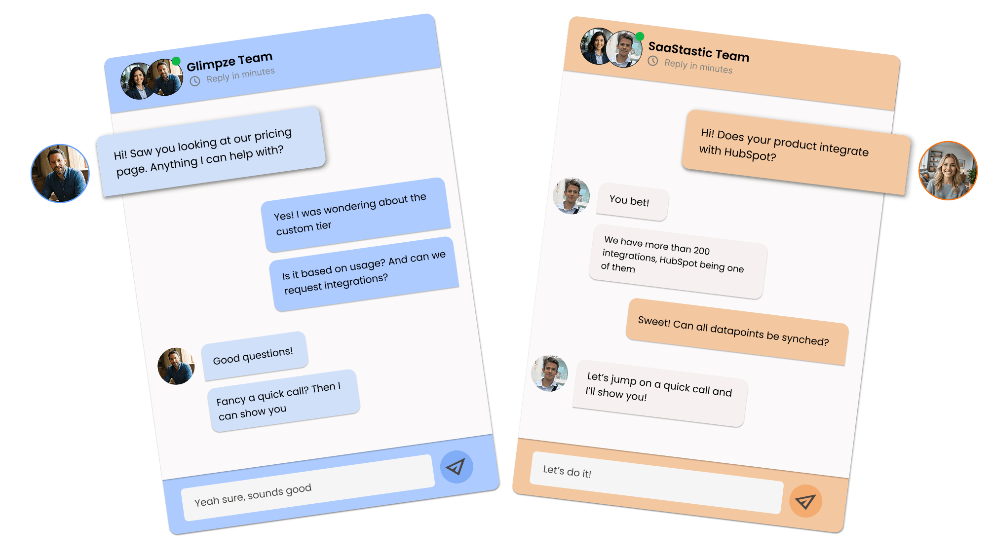 Glimpze live chat mockup with two chat windows