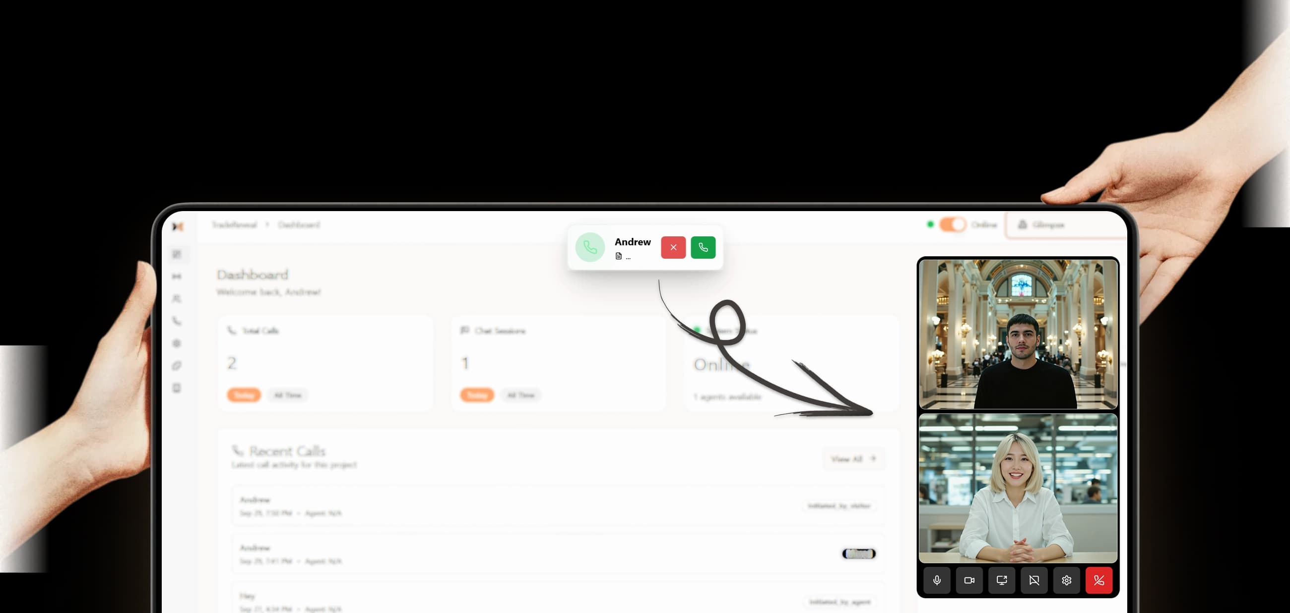 Glimpze sales pipeline and contact management interface on a tablet device.